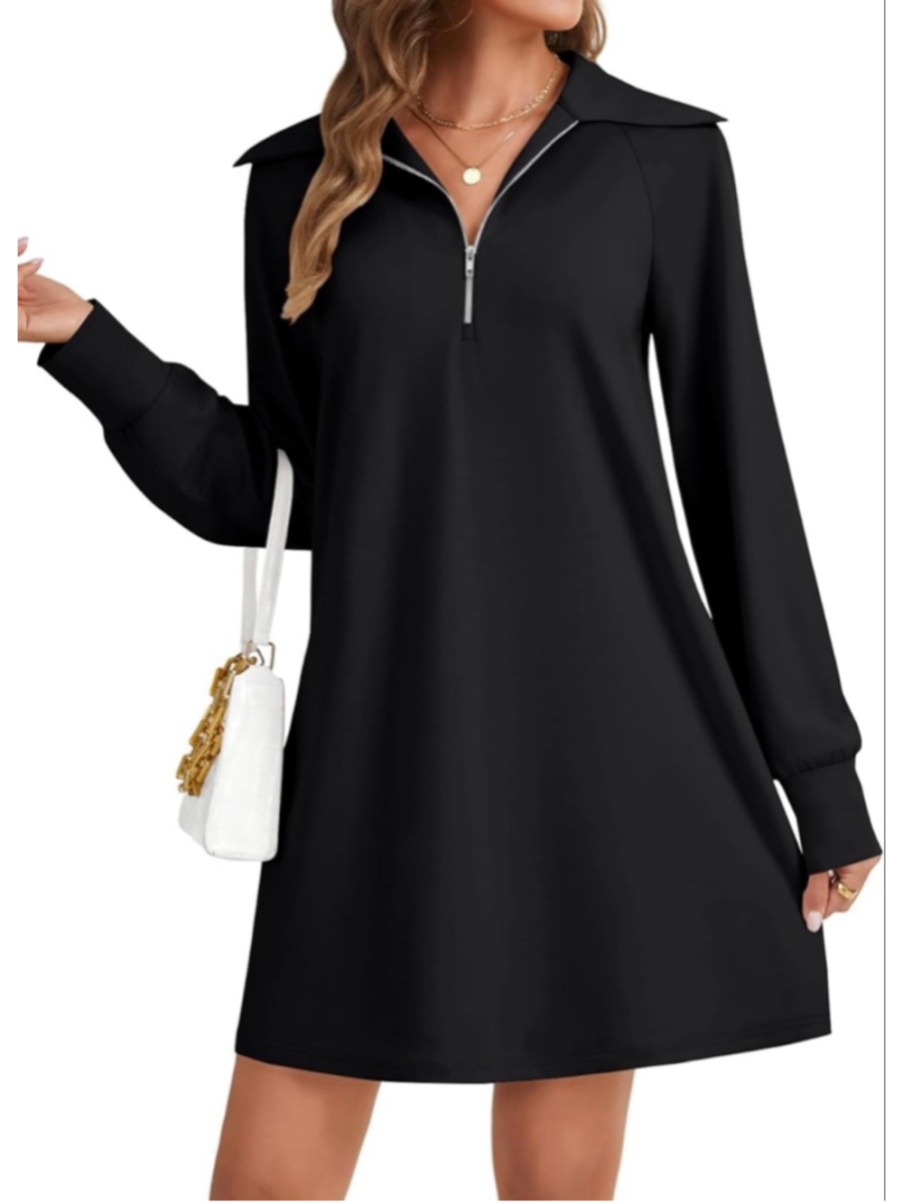 NEW Black Collar Neck Half Zip Long Sleeve Mini dress S